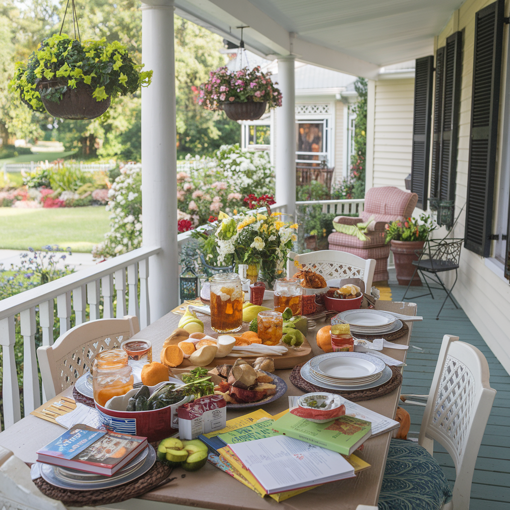 Recipes and cooking inspiration featuring a Southern porch table set with food, cookbooks, fresh flowers, and outdoor entertaining.