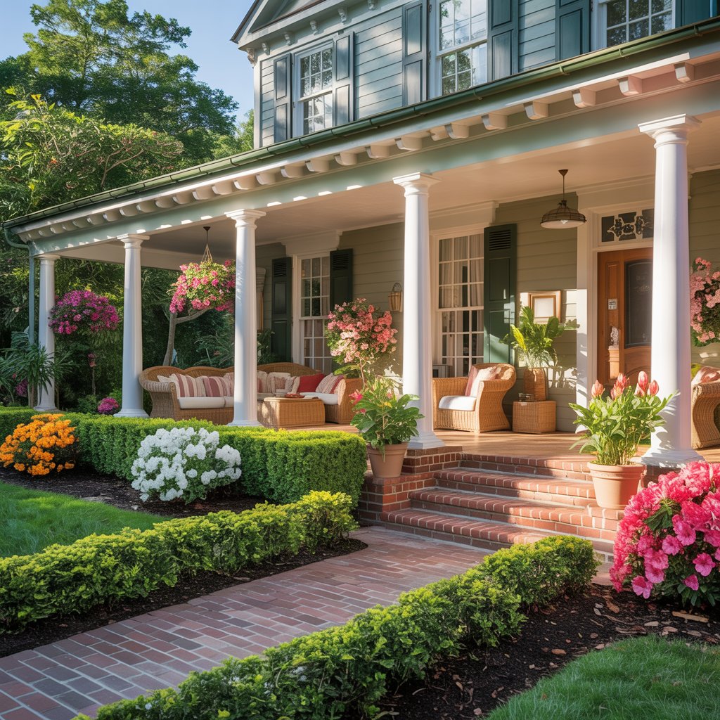 White Southern home with large front porch, white columns, rocking chairs, and colorful flower gardens — representing home and living inspiration for curb appeal, organization, and everyday comfort.