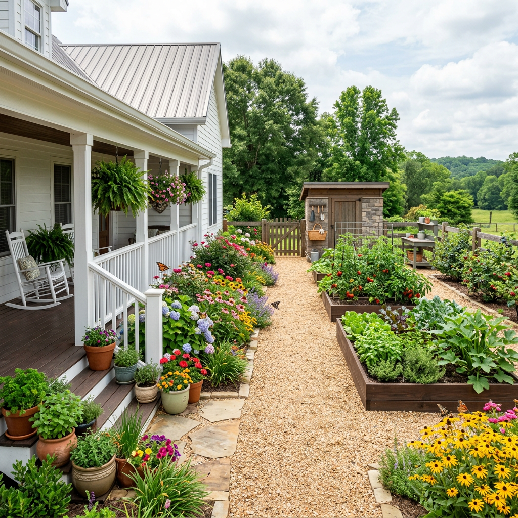 Farmhouse vegetable garden with raised beds, colorful flowers, garden shed, and welcoming front porch