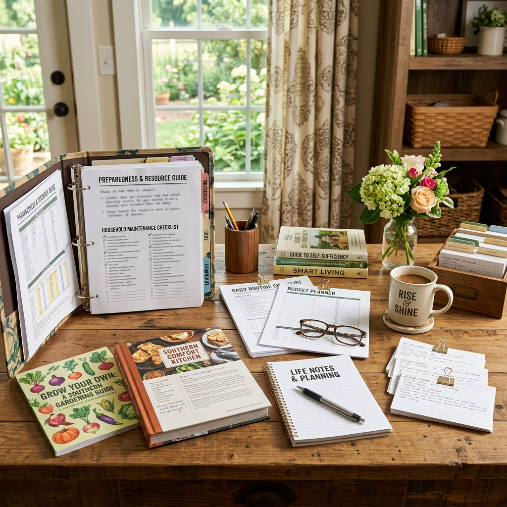 Books, planners, preparedness guides, and printable resources displayed on a rustic farmhouse desk