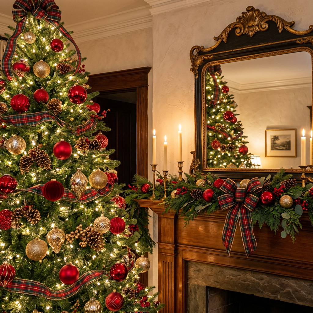 Holiday and seasonal home décor featuring a Christmas tree, red and gold ornaments, festive garland, and warm holiday lighting.