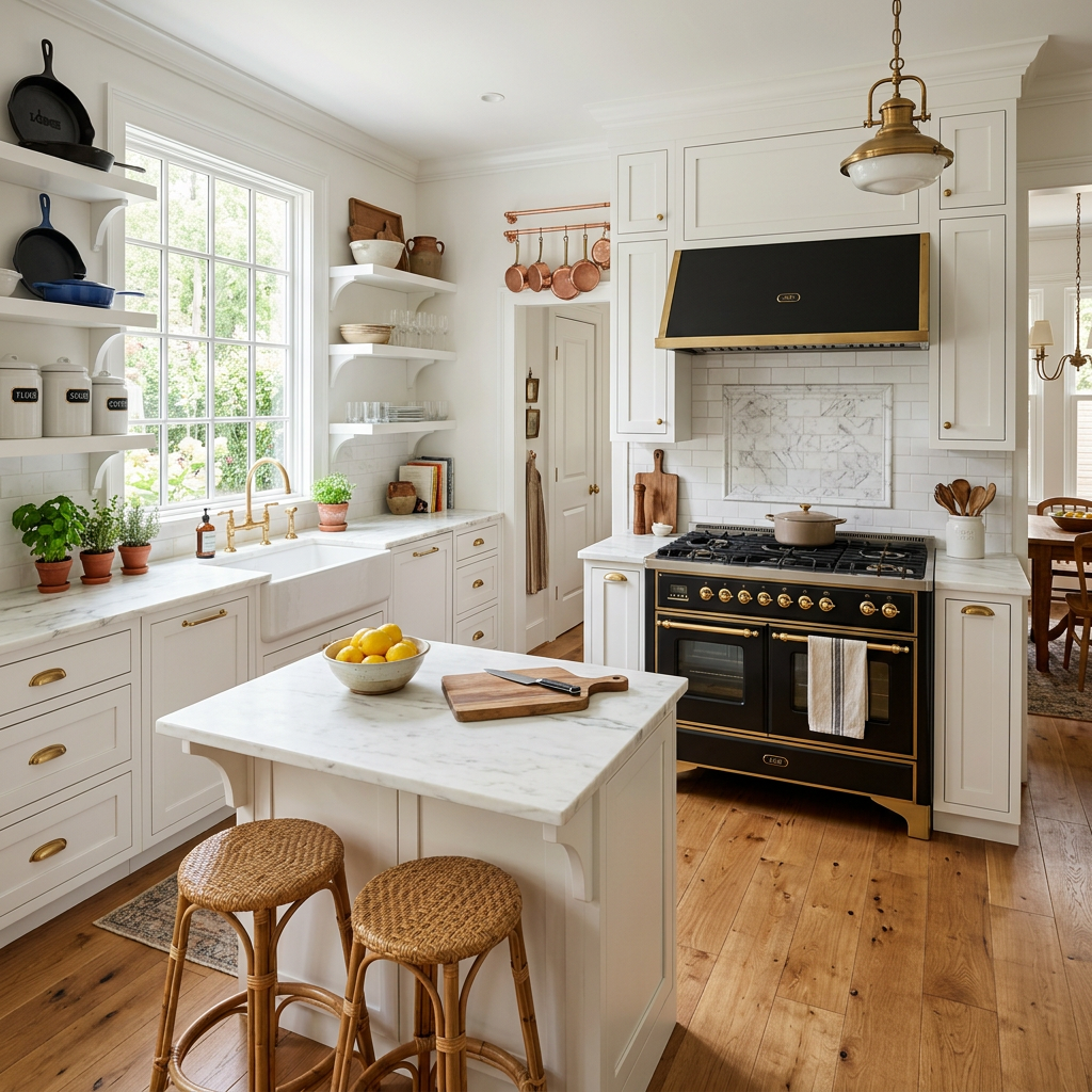 Bright farmhouse kitchen with black French-style gas range, white cabinets, kitchen island, fresh plants, and warm natural light."