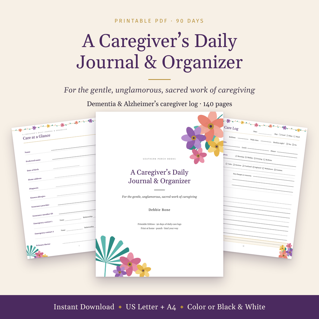 A Caregiver's Daily Journal and Organizer cover with flowers and a palm leaf, shown with sample pages. Printable PDF, 90 days, 140 pages.