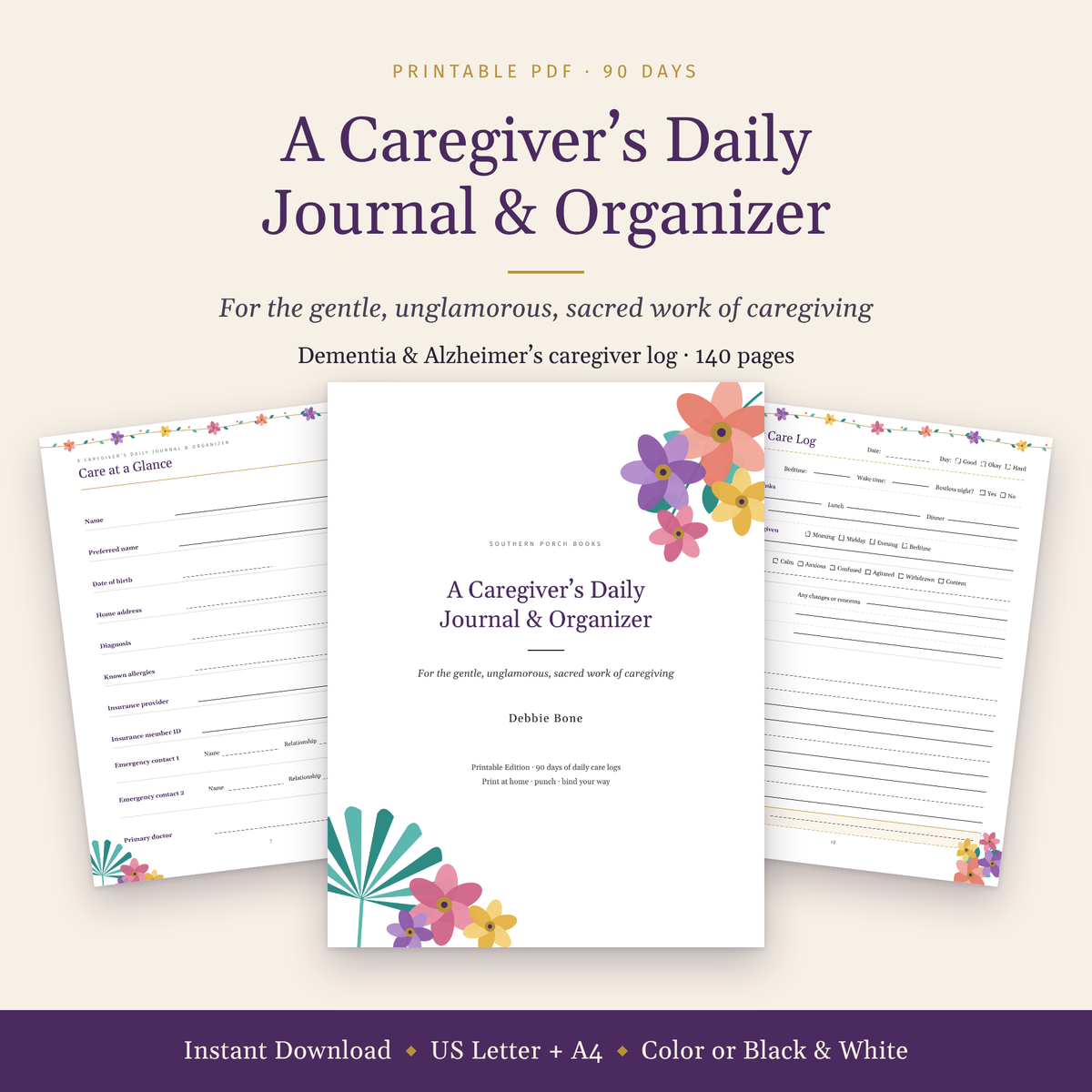 A Caregiver's Daily Journal and Organizer cover with flowers and a palm leaf, shown with sample pages. Printable PDF, 90 days, 140 pages.