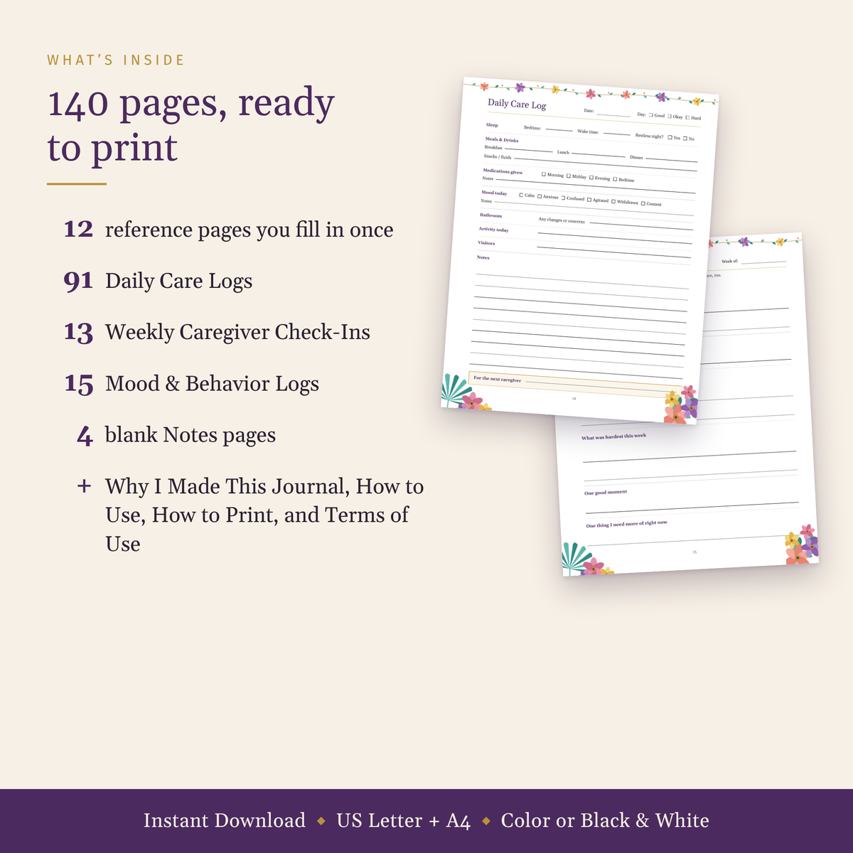 List of what is inside the 140-page journal: 12 reference pages, 91 daily logs, 13 weekly check-ins, 15 mood logs and 4 notes pages, with two sample pages.