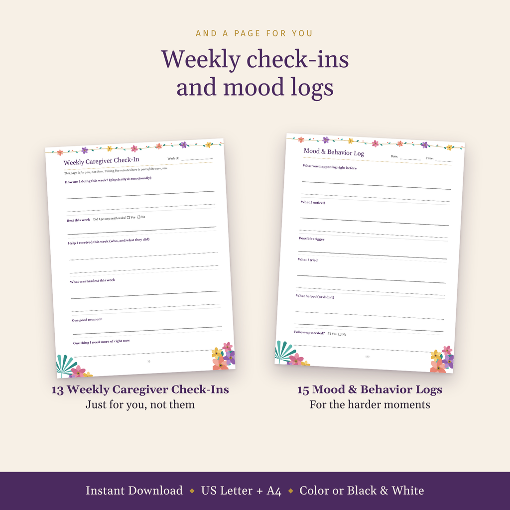 Weekly Caregiver Check-In page and Mood and Behavior Log page.